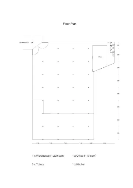 Warehouse for rent in Mueang Samut Prakan, Samut Prakan - Floor plan showing 1,290 sqm warehouse, 110 sqm office, three toilets and a kitchen layout.