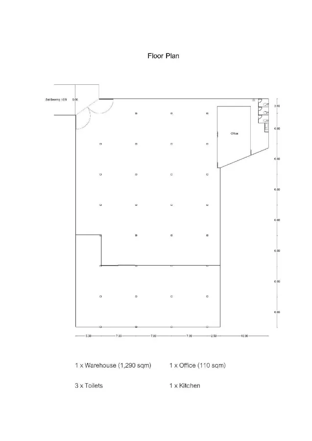 Warehouse for rent in Mueang Samut Prakan, Samut Prakan - Floor plan showing 1,290 sqm warehouse, 110 sqm office, three toilets and a kitchen layout.