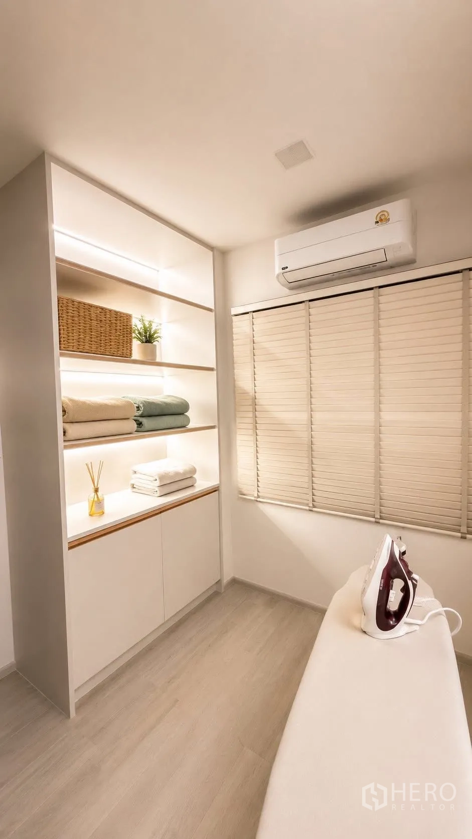 独栋房屋 for rent or sale in Bang Phli, Samut Prakan - 家务/洗衣间，带发光搁架、毛巾、熨衣板与壁挂空调。