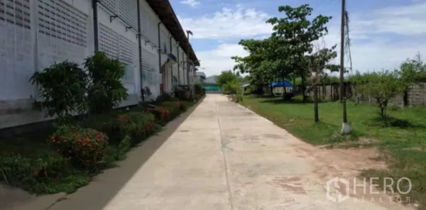 工厂 出租在Bang Pakong, Chachoengsao - 工厂侧边步道与花坛及草地，通行空间适合卡车进出。