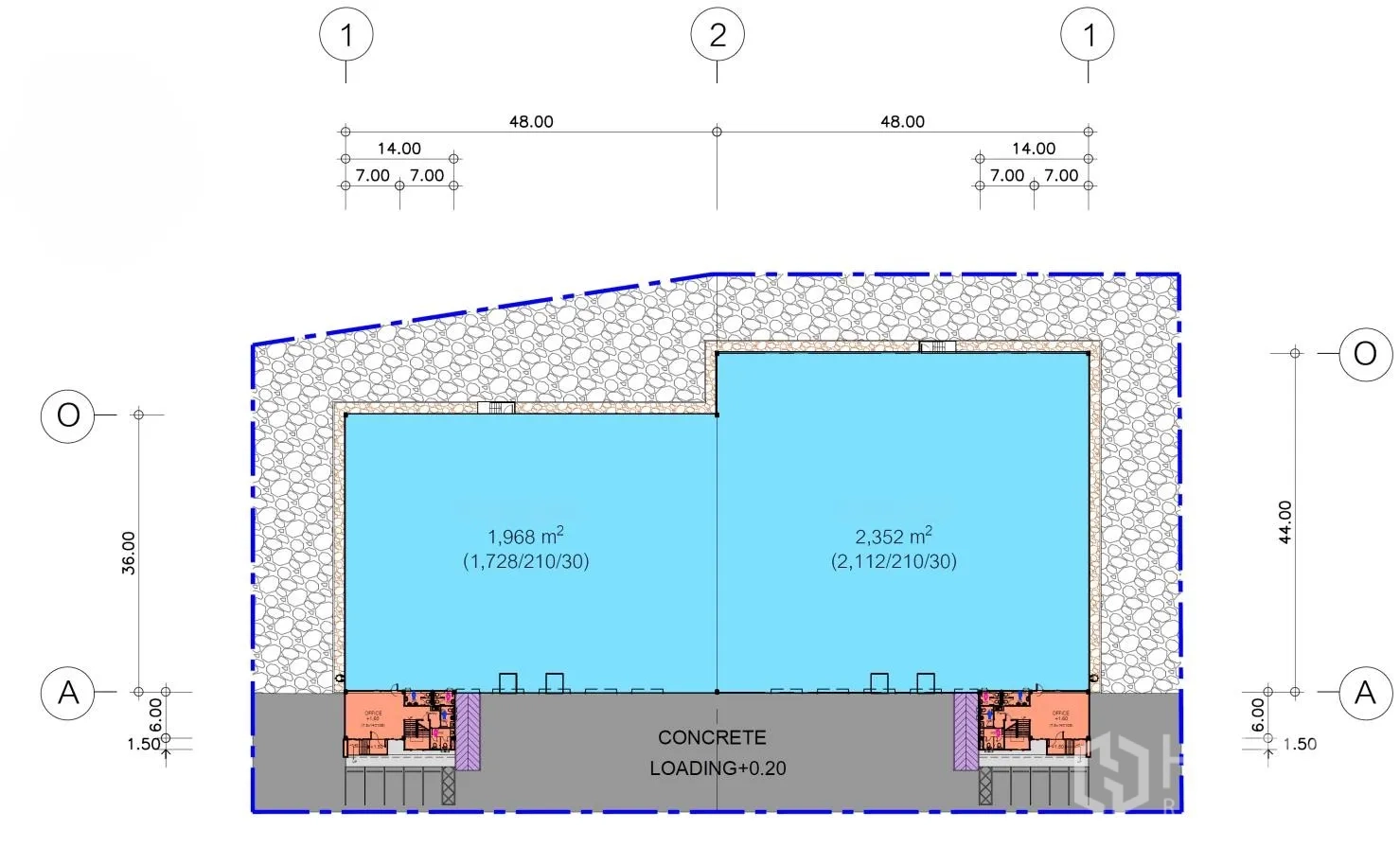 Factory for rent in Bang Sao Thong, Samut Prakan - Site plan of the factory showing warehouse bays, offices, and a loading area.