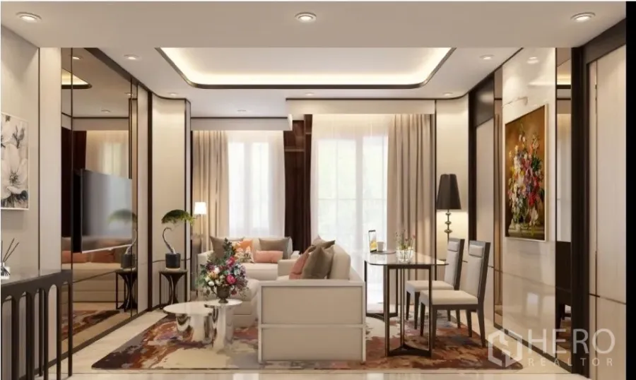 Condominium for rent in Watthana, Bangkok - Elegant living room with cove lighting, large windows, mirrored panels, a sofa set, coffee table, and a compact dining nook.
