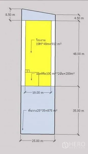 โรงงาน ขายในKrathum Baen, Samut Sakhon - ผังโครงการโรงงาน แสดงพื้นที่คลังสินค้าและออฟฟิศพร้อมระยะกว้างยาวเป็นเมตร