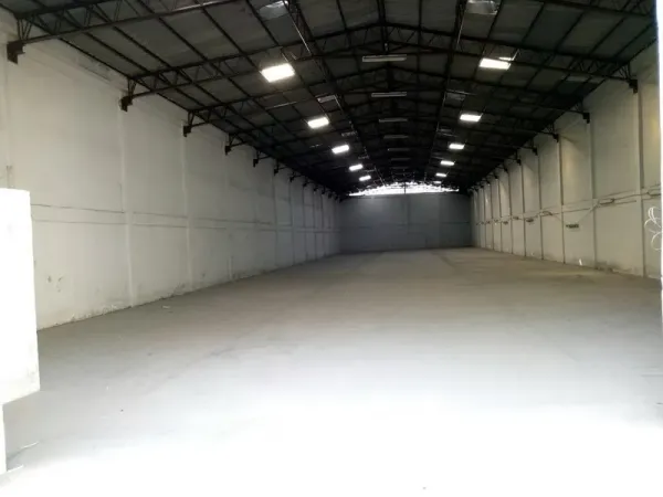 Warehouse for rent in Khlong Toei, Bangkok - Spacious warehouse interior with high steel truss roof, white walls and polished concrete floor lit by skylights.