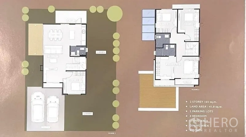บ้าน ขาย - แปลนบ้านสองชั้น แสดง 4 ห้องนอน 3 ห้องน้ำ และที่จอดรถ 2 คัน