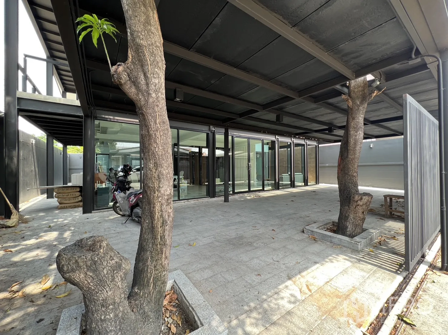 Detached House for rent or sale in Phra Khanong, Bangkok - Spacious covered carport with trees growing through openings and glass sliding doors to the home.