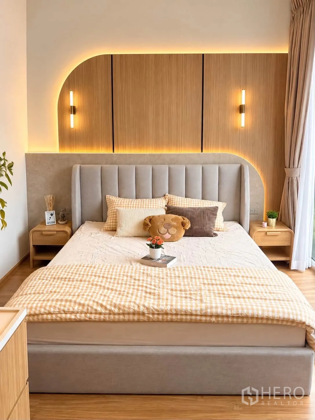 Townhouse for rent in Bang Phli, Samut Prakan - Overhead view of master bed beside floor-to-ceiling window and curtains.