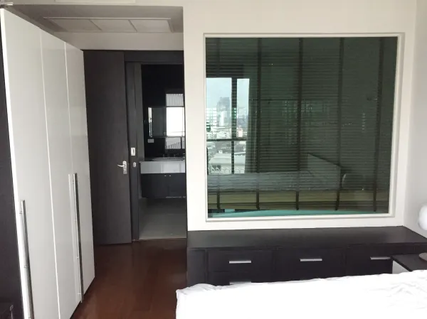 公寓 出租或出售在Pathum Wan, Bangkok - 卧室设高光白色衣柜，带百叶的玻璃隔断，可见部分城市天际线。