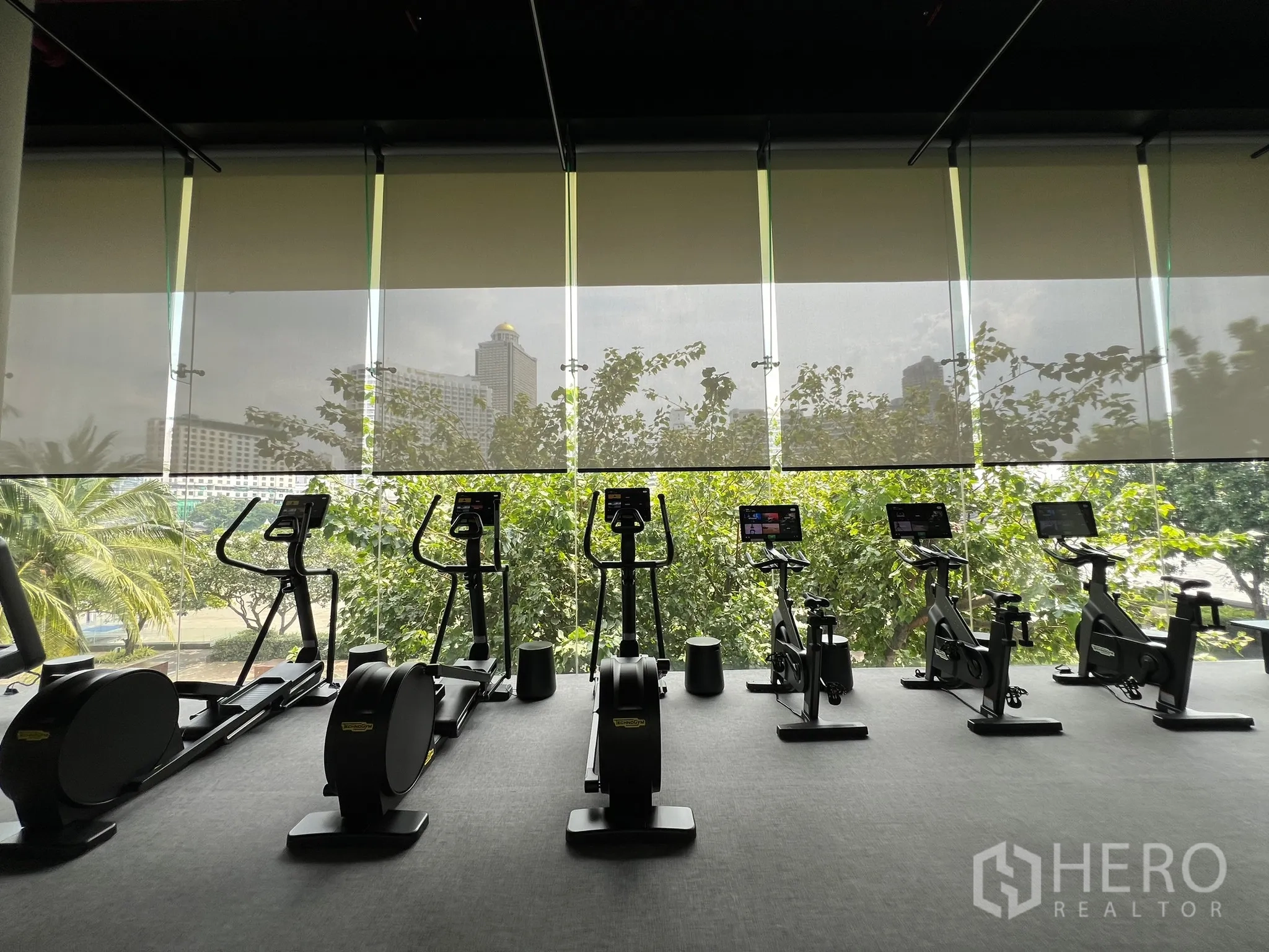 Condominium for sale in Khlong San, Bangkok - Fitness center with cardio machines facing leafy views and city backdrop.