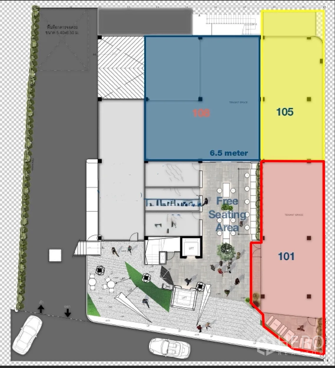 Retail Space for rent in Khlong Toei, Bangkok - Ground-floor plan showing multiple tenant spaces and a shared seating area with street access.