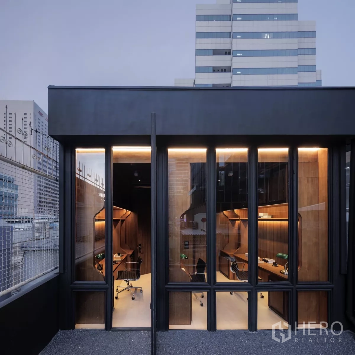 Office Space for rent in Bang Rak, Bangkok - Rooftop level facade with tall glass doors opening to work pods