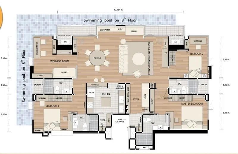 Condominium for rent in Bang Rak, Bangkok - Floor plan of a 151 sqm three-bedroom, four-bath condominium with open-plan living and an 8th-floor swimming pool.