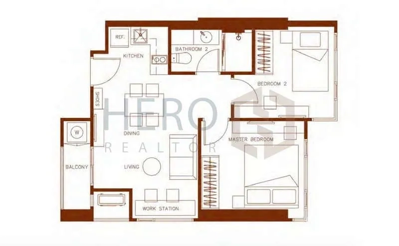 คอนโด ให้เช่าหรือขาย - ผังห้องคอนโด XT Huaikhwang ขนาด 51 ตร.ม. แบบ 2 ห้องนอน
