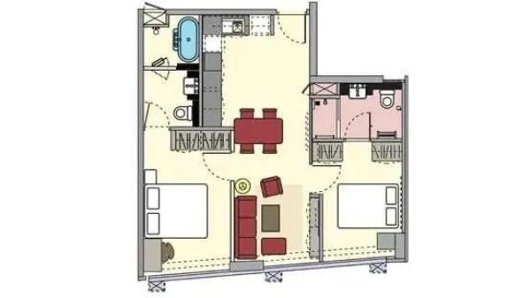 อพาร์ทเมนท์ ให้เช่าในWatthana, Bangkok - ผังห้องอพาร์ตเมนต์ 2 ห้องนอน 2 ห้องน้ำ ขนาดประมาณ 67 ตร.ม. พร้อมครัวและนั่งเล่นแบบเปิด.