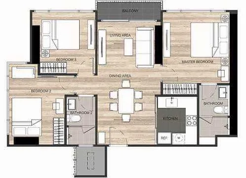 คอนโด ให้เช่าหรือขาย - ผังห้องคอนโด 3 ห้องนอน 2 ห้องน้ำ มีระเบียงและครัวแยก