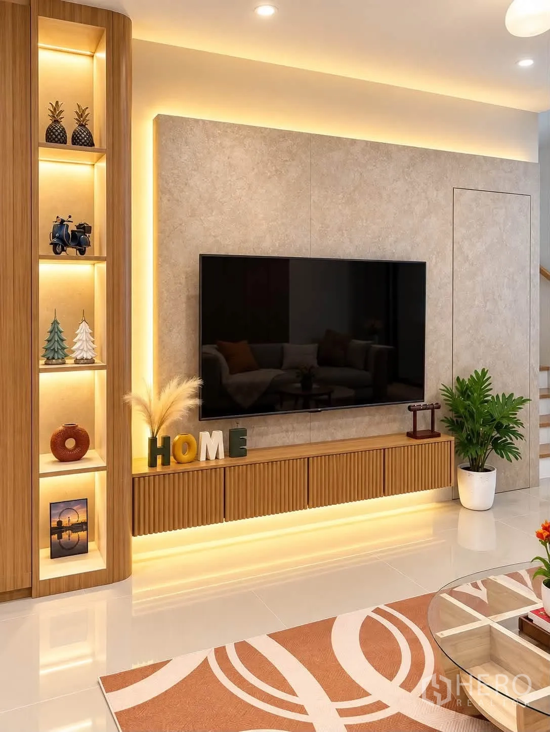 Townhouse for rent in Bang Phli, Samut Prakan - Living room with textured sofa, round glass coffee table, and warm decor.