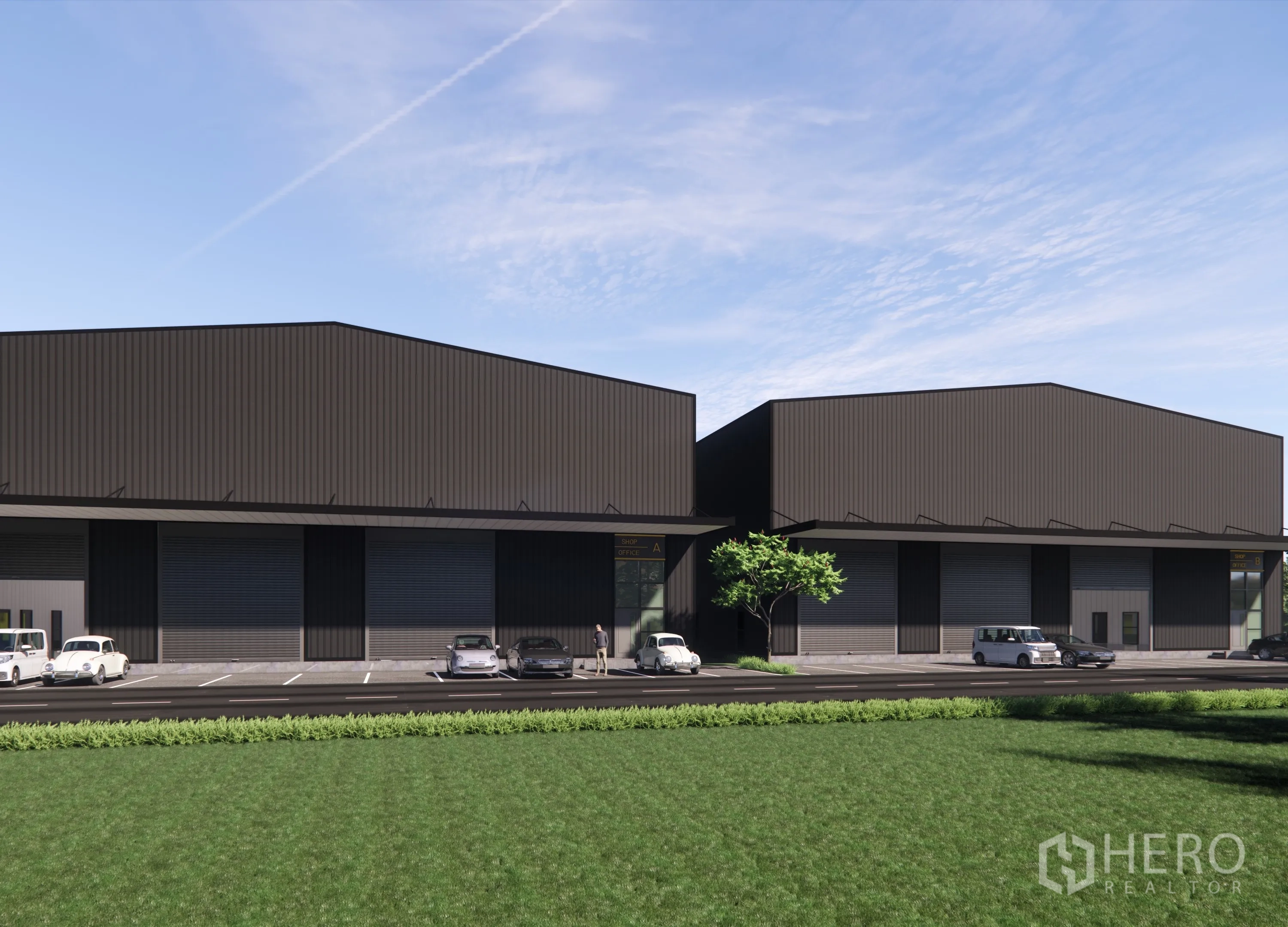 Warehouse for rent in Prawet, Bangkok - Street perspective of the twin warehouses with parking spaces along the frontage.