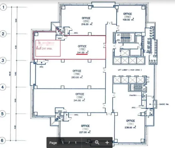 办公空间 出租在Bang Rak, Bangkok - 高层建筑平面图，标示靠近电梯大堂的241㎡办公单元
