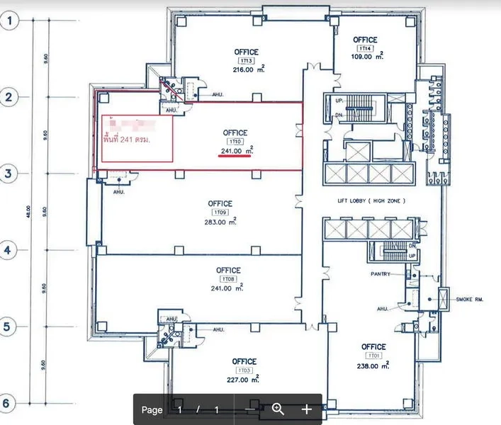 办公空间 出租在Bang Rak, Bangkok - 高层建筑平面图，标示靠近电梯大堂的241㎡办公单元