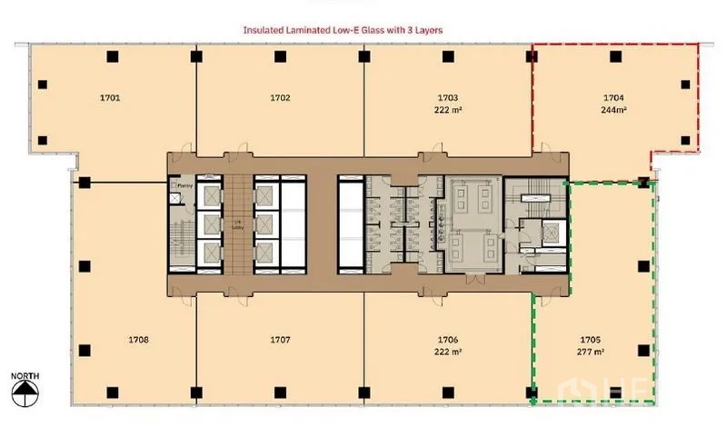 办公空间 出租在Ratchathewi, Bangkok - 办公楼层平面图，标注277㎡转角单元，含电梯核心、公共洗手间与Low‑E玻璃外立面。