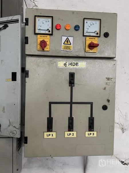 Factory for rent in Bang Bua Thong, Nonthaburi - Main electrical distribution board (MDB) with meters and safety switches.