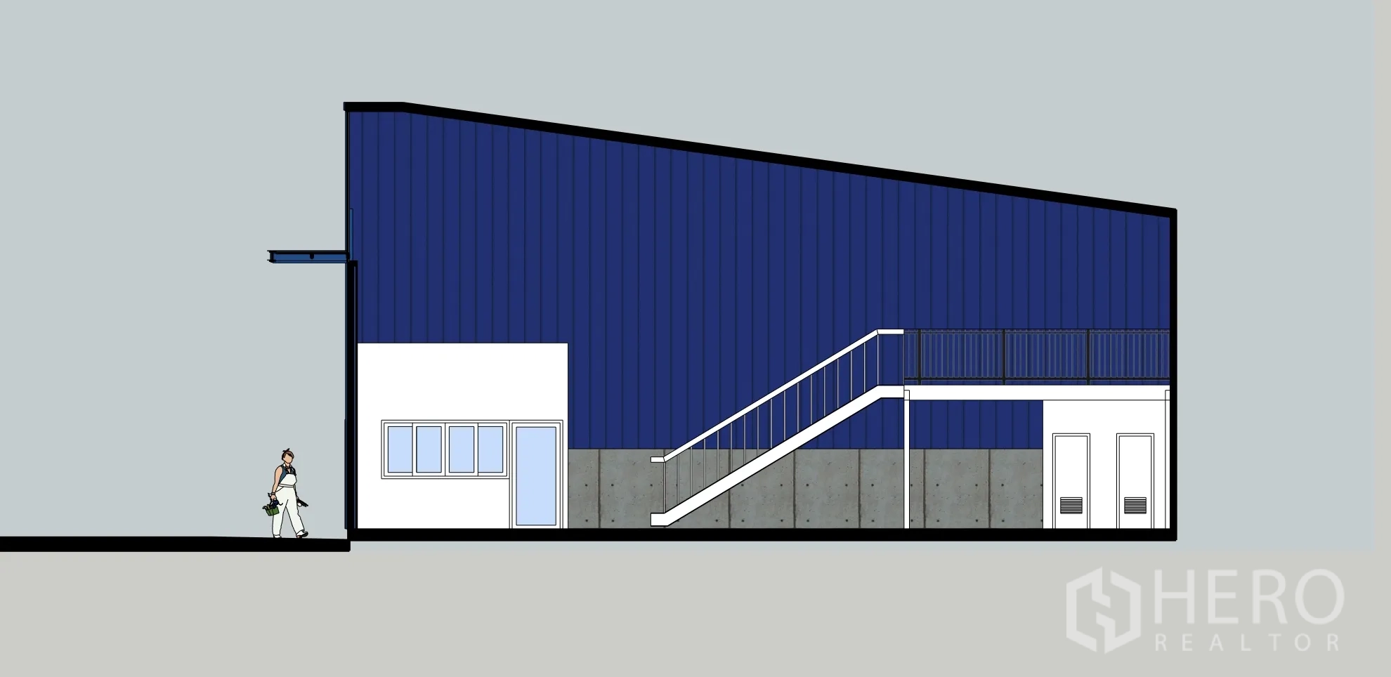 Warehouse for rent in Lam Luk Ka, Pathum Thani - Elevation drawing of a warehouse unit with blue cladding, mezzanine office and staircase.