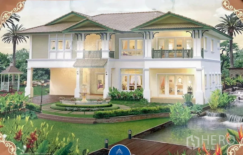 Detached House for sale in Lam Luk Ka, Pathum Thani - Architectural rendering of the completed luxury two-storey house with landscaped garden, balconies and water feature.
