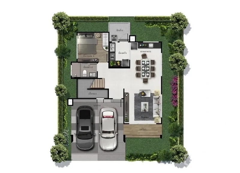 Detached House for rent in Bang Kapi, Bangkok - Ground-floor plan showing living, dining, kitchen, one bedroom and a two-car garage