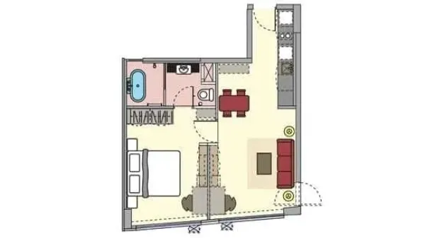 อพาร์ทเมนท์ ให้เช่าในWatthana, Bangkok - ผังห้องอพาร์ตเมนต์ 1 ห้องนอน 54 ตร.ม. พร้อมพื้นที่นั่งเล่น ครัว และห้องน้ำมีอ่างอาบน้ำ