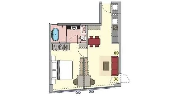 อพาร์ทเมนท์ ให้เช่าในWatthana, Bangkok - ผังห้องอพาร์ตเมนต์ 1 ห้องนอน 54 ตร.ม. พร้อมพื้นที่นั่งเล่น ครัว และห้องน้ำมีอ่างอาบน้ำ