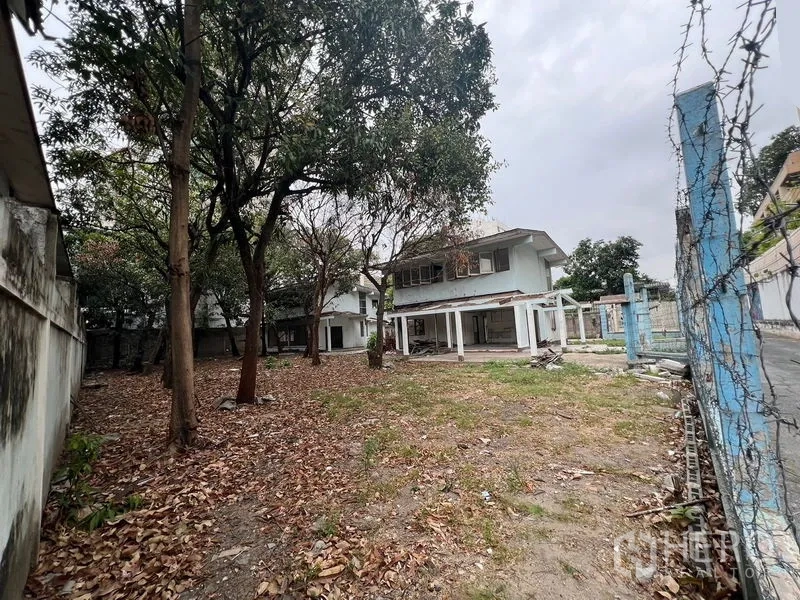Land for rent in Watthana, Bangkok - Wide plot with trees and existing buildings within a walled compound.