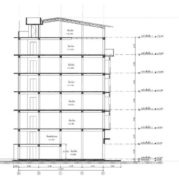店屋 出租在Pathum Wan, Bangkok - 建筑剖面图，展示商铺多层楼层布局、结构细节与标高标注。
