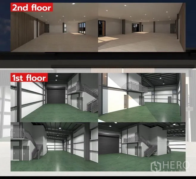 Warehouse for rent in Lam Luk Ka, Pathum Thani - Rendered layouts showing first-floor loading area and second-floor office spaces.