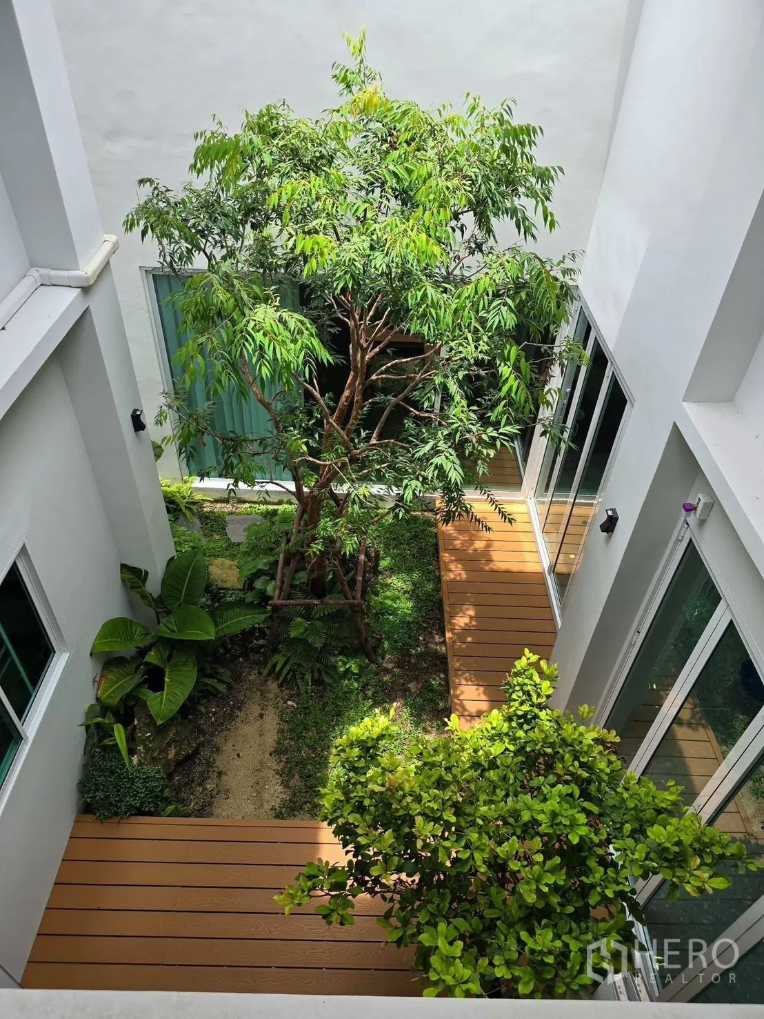 บ้านเดี่ยว for rent in Suan Luang, Bangkok - สวนคอร์ทยาร์ดภายในมีต้นไม้และทางเดินไม้เทียม