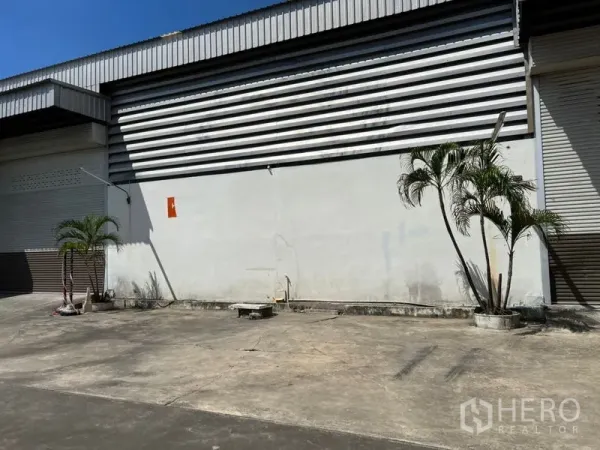 Warehouse for rent in Prawet, Bangkok - Warehouse exterior with striped metal cladding, roller shutter door and potted palm trees along a spacious concrete driveway.