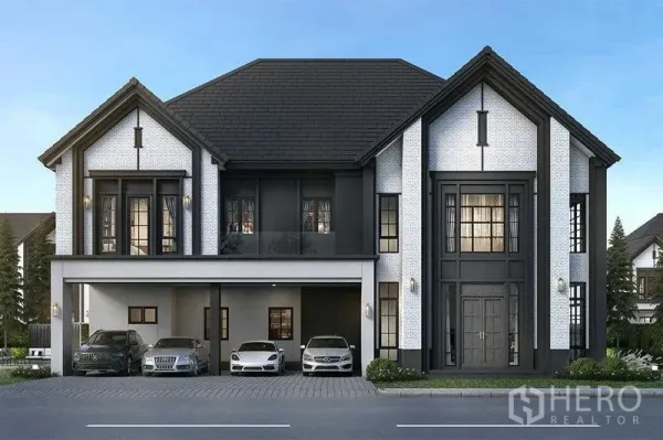 Detached House for sale in Bang Phli, Samut Prakan - Grand two-story detached house with black-and-white facade, gabled roof and covered four-car garage in Bang Phli.