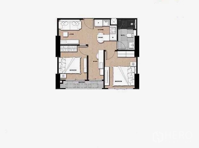 Condominium for rent or sale in Phaya Thai, Bangkok - Two-bedroom condominium floor plan layout with balcony.