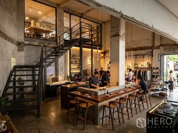 Retail Space for rent in Watthana, Bangkok - Refurbished open-plan area featuring an island bar, shelving, metal stairs, and a large street-facing opening.