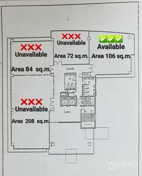 办公空间 出租在Watthana, Bangkok - 平面图，标注靠近电梯的106㎡可租单元。