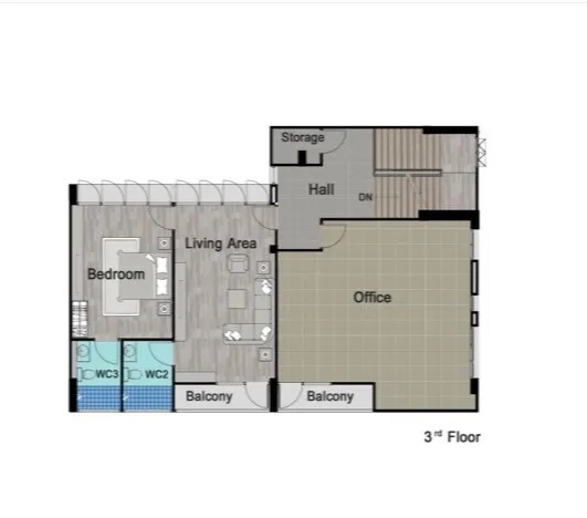 带办公室的家 出售在Prawet, Bangkok - 三层平面图，含办公室、起居区、套卧、两间卫浴与阳台。