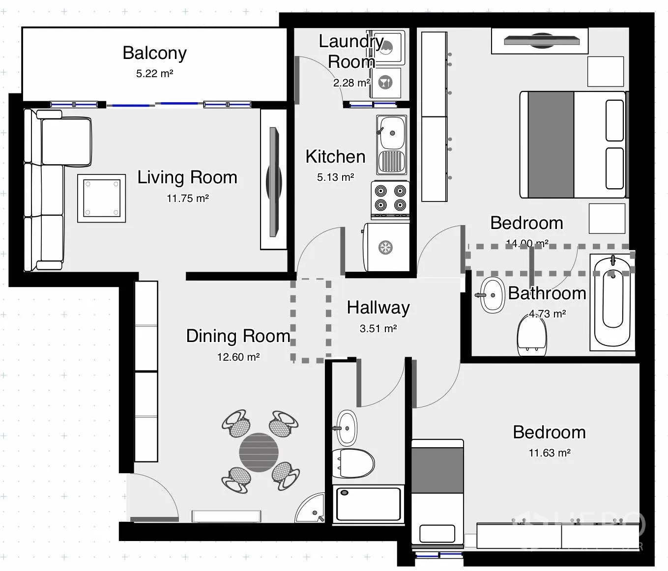 Condominium for rent or sale in Watthana, Bangkok - Floor plan of a 96 sqm condominium showing two bedrooms, two bathrooms, living, dining, kitchen and balcony.