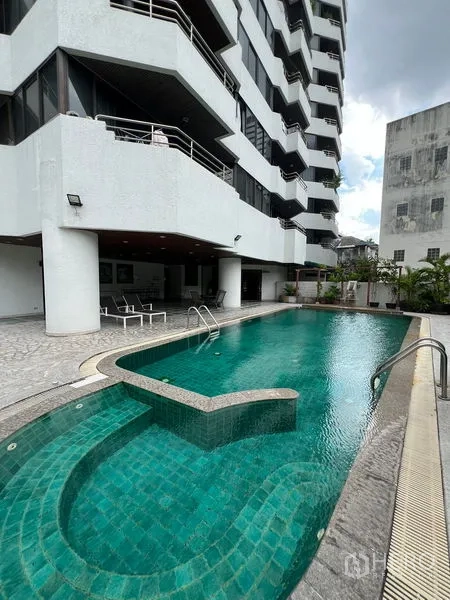 Condominium for rent or sale in Khlong Toei, Bangkok - Swimming pool beside the condominium facade with a curved spa corner.