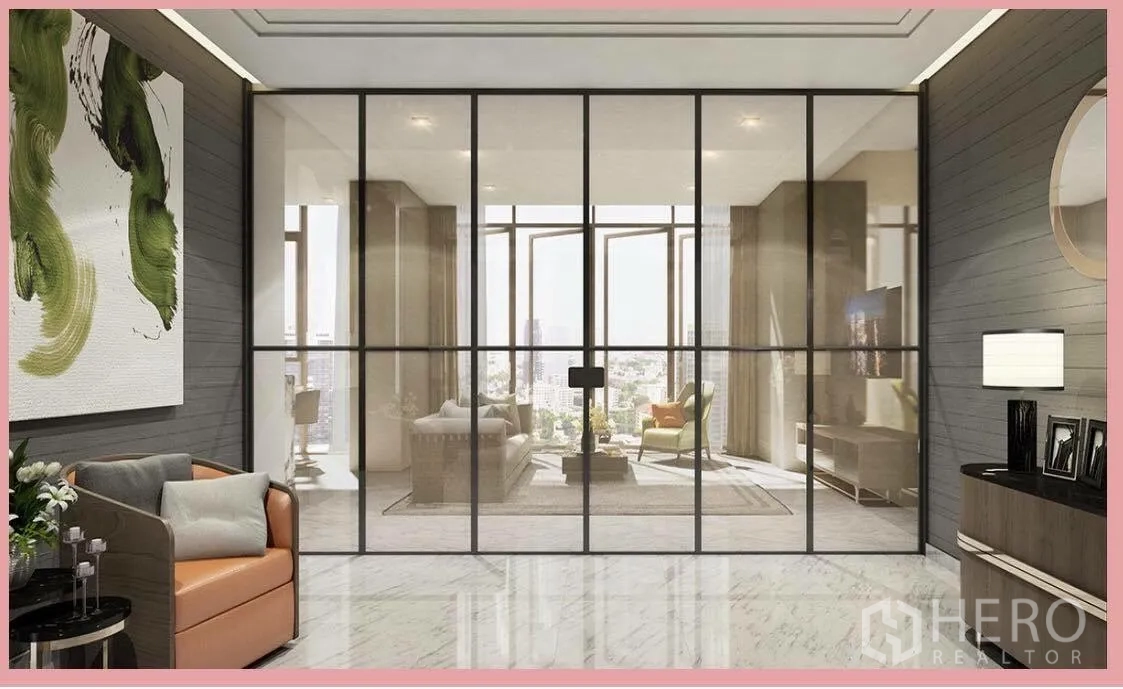 Condominium for sale in Watthana, Bangkok - Modern living room separated by a glass partition with light marble floors and panoramic windows.