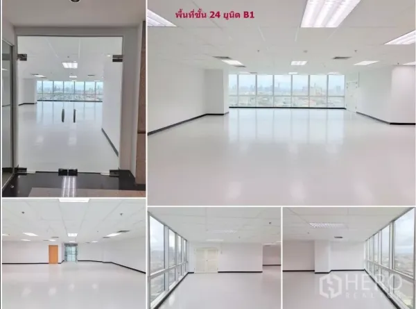 办公空间 出租在Suan Luang, Bangkok - 明亮的开放式办公区，整面落地窗与城市天际线景观，入口为玻璃门。