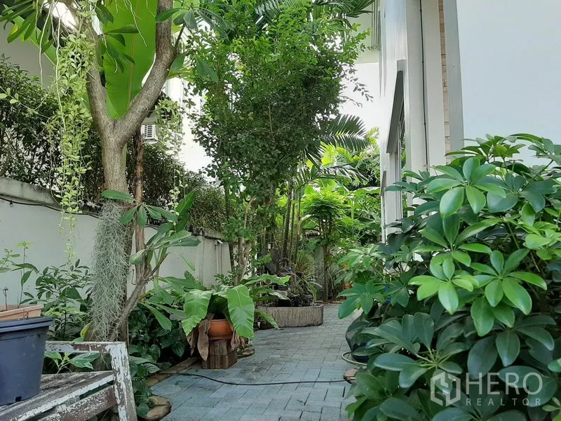 Detached House for rent in Bang Kapi, Bangkok - Side yard with paved walkway lined by lush tropical plants and trees.