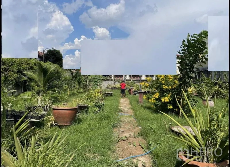 Land for sale in Suan Luang, Bangkok - Long grassy path through cultivated garden beds and potted plants on a flat plot.