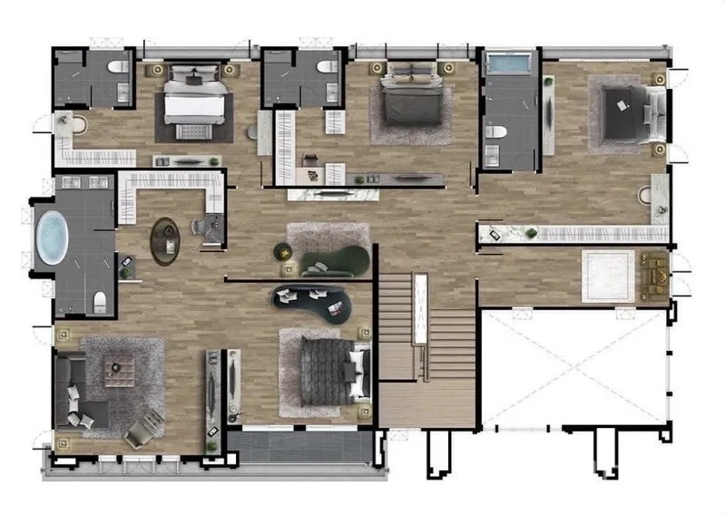 Detached House for rent or sale in Bang Phli, Samut Prakan - Second floor plan illustrating several bedrooms with ensuite bathrooms and a central family area.