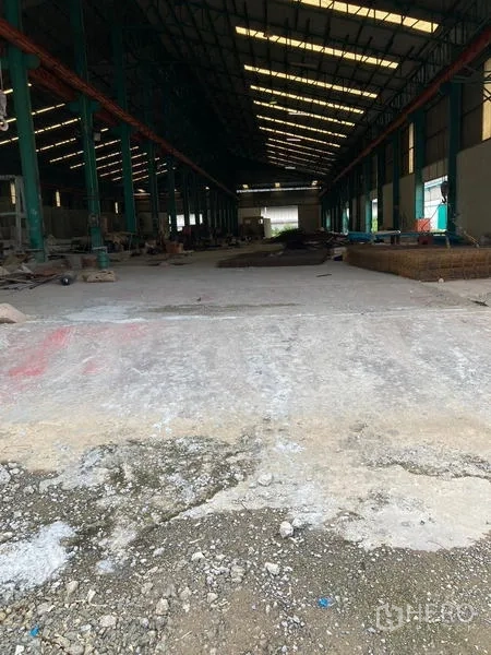 Warehouse for rent in Mueang Samut Sakhon, Samut Sakhon - Interior showing steel columns, high ceiling, and skylight panels inside the warehouse.