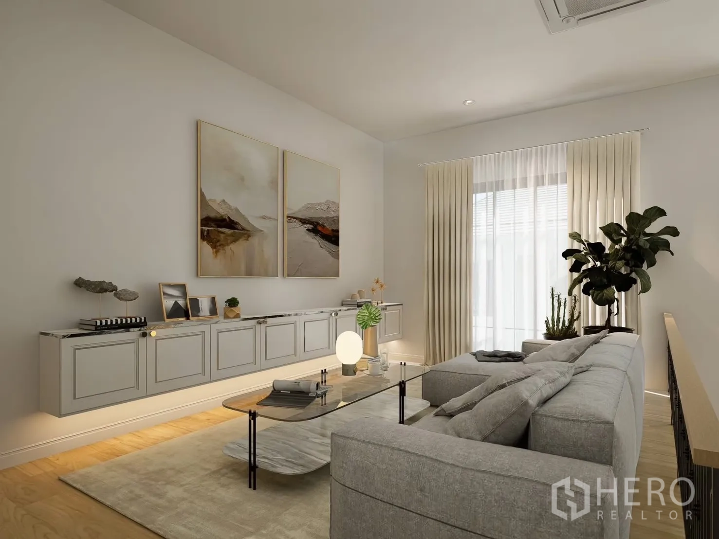 Detached House for rent in Bang Phli, Samut Prakan - Second-floor family area with built-in console and artwork.