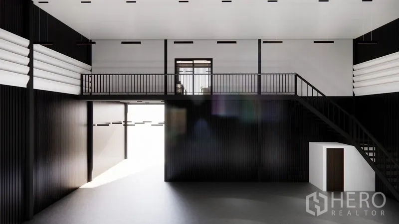 คลังสินค้า ให้เช่าในLam Luk Ka, Pathum Thani - ภาพเรนเดอร์ภายในโกดังมีชั้นลอยและบันได